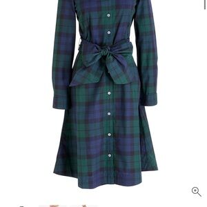 J. Crew Factory Long-Sleeve Black Watch Tie-Waist Shirtdress
